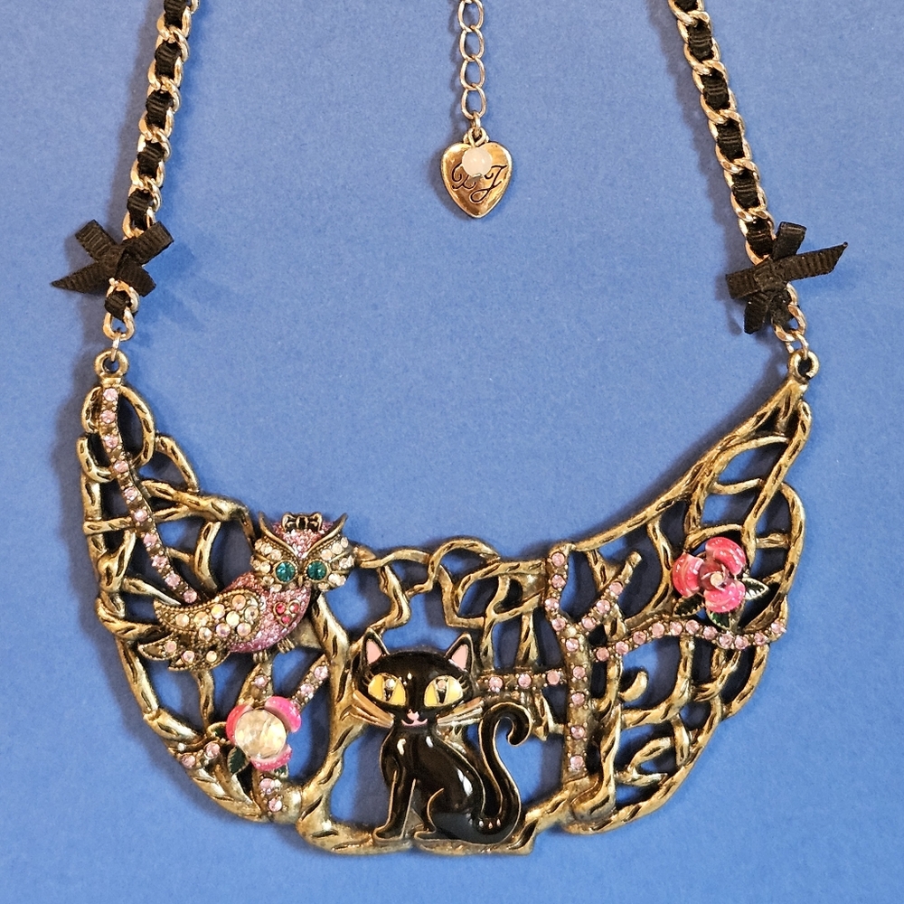 🐈‍⬛🦉Bib Necklace Betsey Black Cat Owl Floral Enchanted Forest Halloween - NWOT